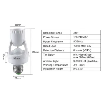 100-240V E27 Lampas Turētājs Pārveidotājs Ar automatizētu Indukcijas Sensors 360 Grādu Kustības Sensors E27 LED Lampa Bāze