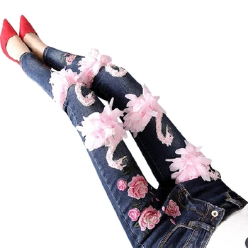 2019 Jaunu Izšūti Džinsi Sieviešu Korejas Izdevums Izšūti Gulbis Slim Pencil Bikses Meitenes, Dāmas Džinsi Streetwear Džinsa Džinsi