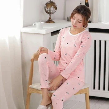 2020 Rudens Ziemas Garām Piedurknēm Siltuma Body Shaper Apakšveļas Komplekti Sievietēm Korejas Silts Drukāt Pidžamas Sleepwear Bodysuit Drēbes