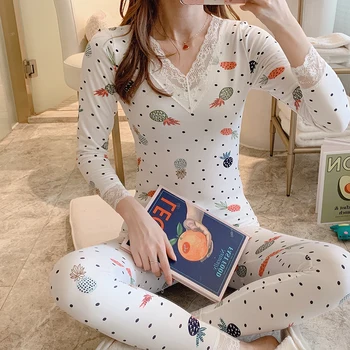 2020 Rudens Ziemas garām Piedurknēm Sexy Mežģīņu V-veida kakla Izdrukāt Termiskās Body Shaper Apakšveļas Komplekts Sievietēm Siltu Pidžamu Sleepwear Bodysuit