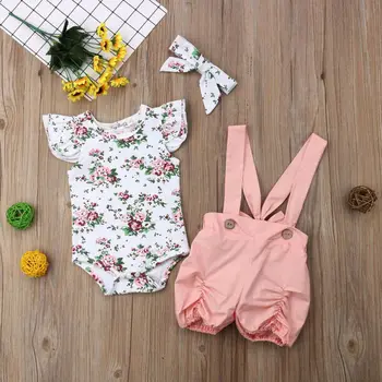 3PCS Bērnu cute Meitenes, kas peld ar piedurknēm Ziedu Romper siksna rozā Krūšautlenču Bikses (Dungriņi) Galvas Apģērbs-Drēbes 0-18M