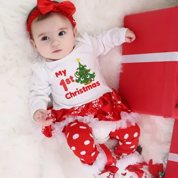 4GAB Ziemassvētku Toddler Baby Girl Apģērbu Ziemassvētku Drukāšanas garām Piedurknēm Romper Svārki, Zeķes, Apavus, Galvassegu Tērpiem Uzstādīt bebes