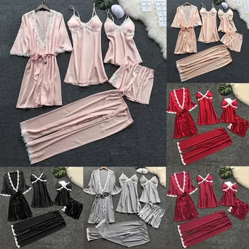 5 Gabals Pidžamas Komplekts Sexy Mežģīņu Traipu Sieviešu Pidžamas Mākslīgās Zīda Halāti Mežģīnes Vasaras Drēbes Sleepwear Uzvalks Atpūtas Mājas Apstākļos