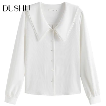 DUSHU Plus lieluma velveta balta blūze, krekls Sieviešu ziemas pogu up ikdienas krekls top Sieviete ar garām piedurknēm vintage biroja blūzes