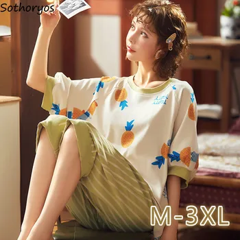 Drukāt Svītrainām Sieviešu Pidžamas Nosaka Dienas M-3XL Plus Lieluma O-veida kakla Apkakles Atpūtas Homewear korejiešu Stilā, Modes Pamata Mīksts, Elegants Vasaras