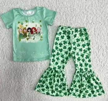 Ir 2021. Baby Meitenēm, St Patrick ' s Day Stilā ar Īsām Piedurknēm Krekls Pavasara Apģērbus Bērniem, Drēbes Āboliņš Zvani Bikses Boutique Drēbes