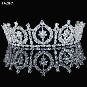 Luksusa Pilnā Zircon Vainagi Tiaras Kristāla Līgavas Headpiece Princese Rietumu Sievietēm Zircon Kronas Par Gājienā Puse Kāzu Rotaslietas
