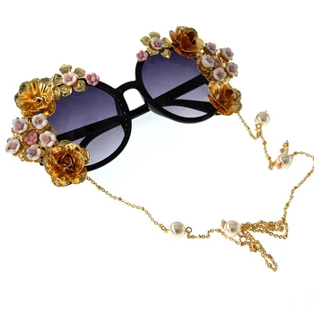 Modes Luksusa Baroka Saulesbrilles Sievietēm, Metāla Ziedu Vintage Briļļu Ķēdes Zīmolu, Dizainu, Saules Brilles Ārā Ikdienas Piederums