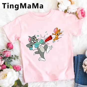 Smieklīgi Kaķi un Peli, T Krekls Bērniem Kawaii Karikatūra Grafiskais T-krekls Vasaras Top Anime Rozā T Gadījuma Meitenes Jaukas Bērnu drēbītes