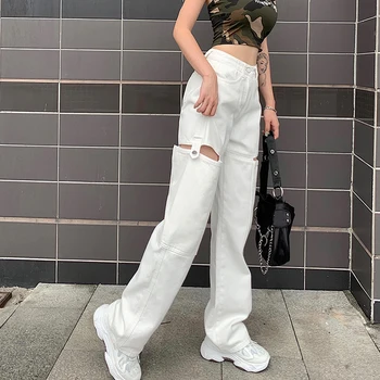 Weekeep Modes Dobi No Balto Sieviešu Džinsi Streetwear Augsta Vidukļa Pogu Džinsa Bikses Vintage Taisni Harajuku Kravas Bikses