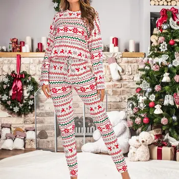 Ziemassvētku Pidžamu Divi Gabali Komplekti Sieviešu Ziemas Gudrs Drukāt Garām Piedurknēm Topi Un Garas Bikses Mājas Tērpi Modes Dāmas Sleepwear