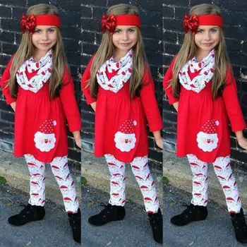 Ziemassvētku Toddler Bērniem, Baby Meitenes Kleitu Topi+Bikses Garās Zeķes + Galvas Apģērbs, Apģērbu Komplekts