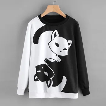 Pāris, melns un balts yin un yang kaķis sweatshir garām piedurknēm džemperis iespiesti sporta krekls mīksts, ērts sporta topi brīvs